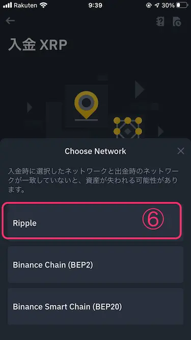 BINANCEアプリXRP入金ネットワークRipple選択画像